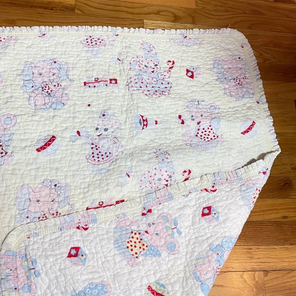 Vintage Quilted Baby Blanket Pastel Ruffled Circus Animal Elephant Bear Bunny